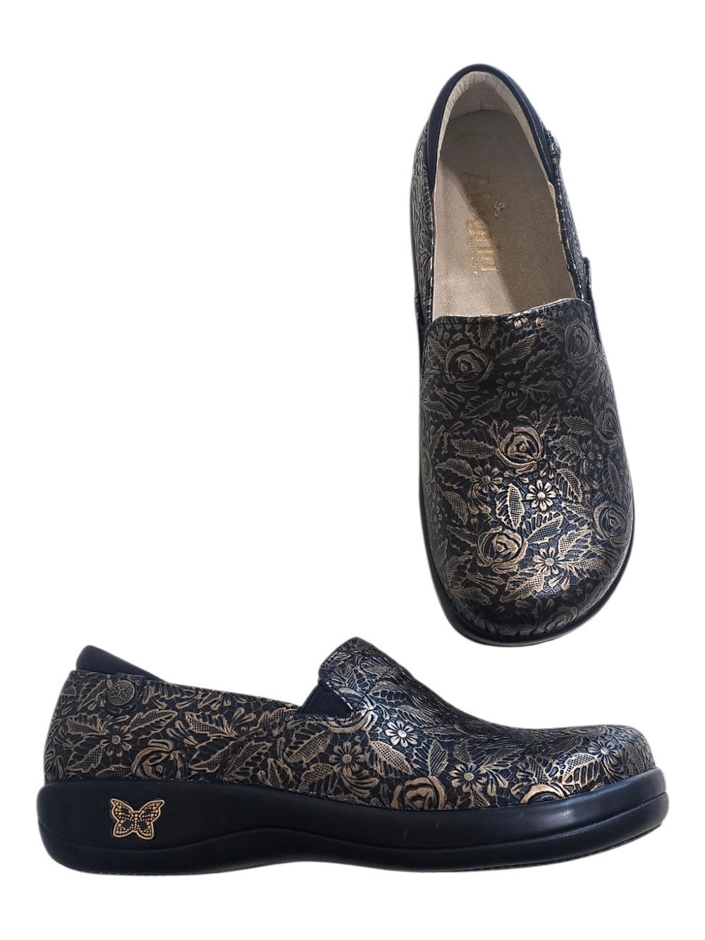 Alegria Keli Professional Clogs Black Gold Floral Leather Slip On 38 8-8.5 Work